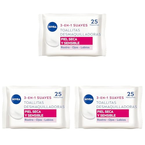 NIVEA Toallitas Desmaquilladoras Suaves (1 x 25 ud), toallitas desmaquillantes para piel seca y sensible, toallitas húmedas para rostro, ojos, labios y cuello (Paquete de 3)