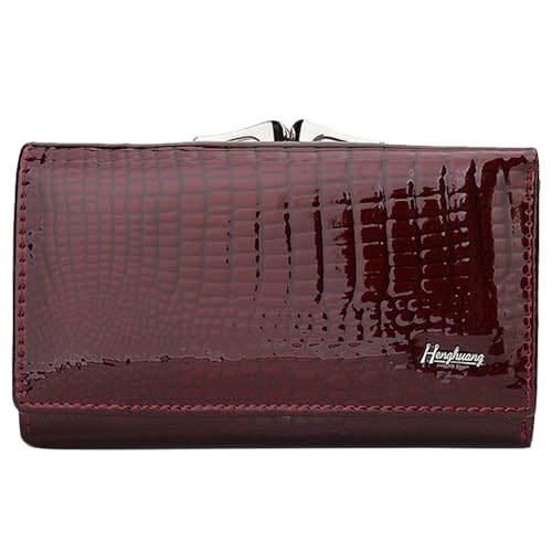Genuine Patent Leather Wallet for Women, Small RFID Blocking Card Holder, Glossy Purse with Crocodile Embossed Texture - 8 Card Slots | ID/Photo Window | Kiss-lock Pocket - Wine Red