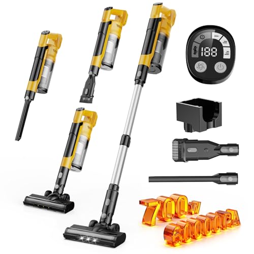 60000Pa/700W/70Min Aspirapolvere Senza Fili compatibile per Batteria Dewalt 20V, Scopa Elettrica Senza Fili Verticale Antigroviglio con Display a LED, Aspirapolvere Per Pavimenti/Tappeti/Peli Animali