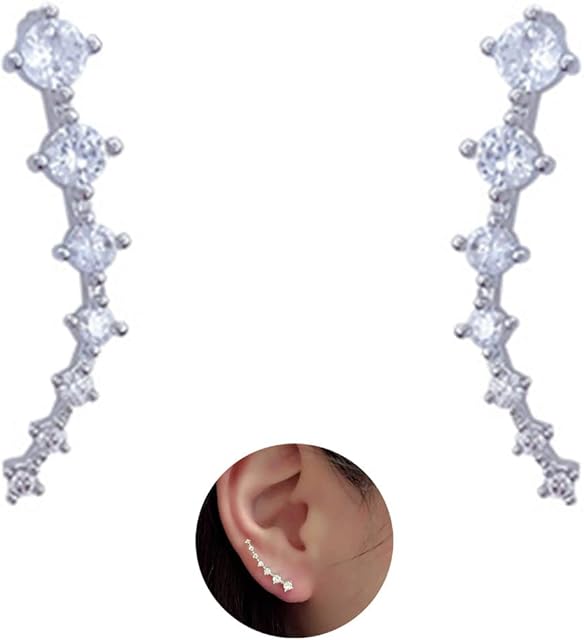 Yheakne Boho Rhinestone Ear Crawler Earrings Silver Ear Climbers Crystals Ear Cuffs Hoop Climber CZ Studs Earrings Jewelry for Women and Girls (Silver)