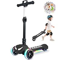 Balance Electric Scooter for Kids Ages 3-12, Full Body Lights Up, Stickers, Wide Deck, 3 Adjustable Heights, 5MPH Safe Speed, 90min Riding, Foldable 3 Wheel Electric Scooter for Kids Boys Girls, Black