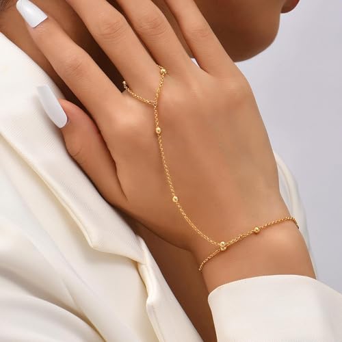 Image of Long tiantian Hand Chain Bracelet Gold Link Finger Ring Slave Bracelet