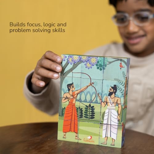Image of 3D Wooden Toys for Kids 3-8 Yrs | 6 Puzzles in 1 Toy + 30 Activities | 12 Natual Wooden Puzzles for Kids with Activity Book | Indian Folk Art Wooden Blocks | Mahabharata Theme