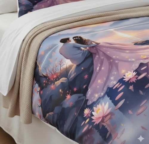 Image of Premium 7D Digital Printed Cotton Flat Bedsheet (90 X 100) Inch with 2 King Size Pillow Covers -300 TC Fabric, Design & Superior Comfort Double Bedsheet for Double Bed (Blue - Couple Pattern 1)
