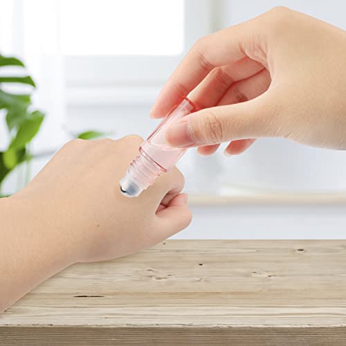 1/6 oz Pink Essential Oil Roller Bottle,20 Pcs Empty Glass Roll-On Vial with Stainless Steel Roller Ball,Rose Gold Lid,Portable Sample Container for Oils-Opener&Dropper Included2