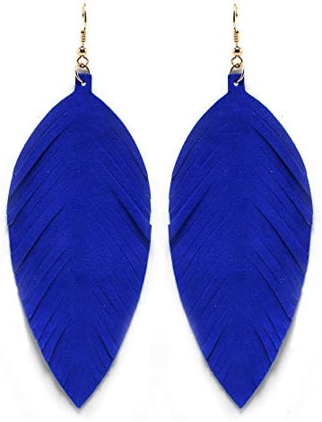 Large Genuine Soft Leather Handmade Fringe Feather Lightweight Tear Drop Dangle Color Earrings for Women Girls Fashion (Blue)
