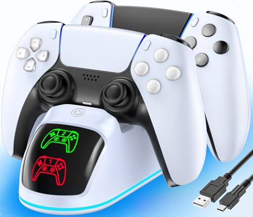 RGB Base de Carga para PS5, 2H Rápido Cargador de Mando PS5 Originales & Edge, Placas Frontales con Iluminación LED & RGB, Estación de Carga para PS 5 - Blanco