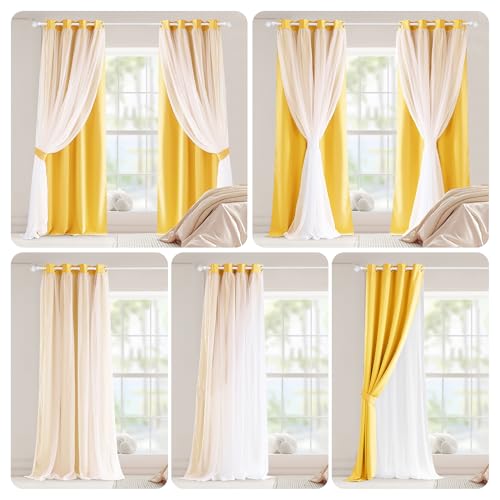 Image of PONY DANCE Blackout Curtains, 52 W by 84 L, Lemon Yellow, 2 Pieces | Curtains 84 inches Long with Sheer Overlay Nursery Panels for Bedroom /Living /Dining Room