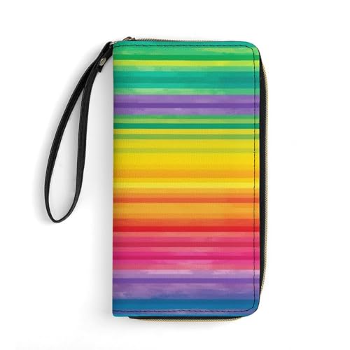 Womens Leather Wallets with Wristlet Strap Rainbow Colored Striped Wallet for Women Card Phone Holder Ladies Purse