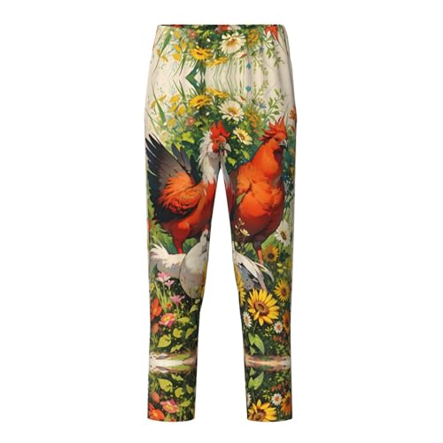 Pajama Pants Pajama Bottoms with Elastic Waistband Sleepwear Lounge Pants, Rooster Sunflowers
