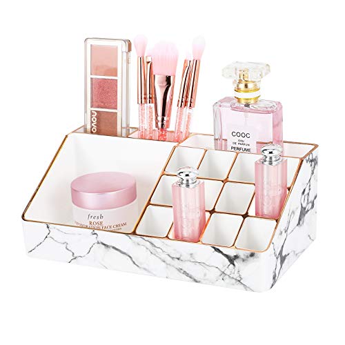 Preisvergleich Produktbild MoKo Makeup Organizer, Kosmetik Aufbewahrung Box mit 12 Lippenstiftfächern Bürstenschlitzen Marmormuster Kosmetik Ständer Polystyrol Kosmetik Behälter für Badezimmer Schlafzimmer Kommode - Weiß