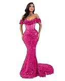 Women's Off The Shoulder Prom Dress 2026 Long Hot Pink Sequin Formal Dress Corset Mermaid Wedding Evening Military Ball Gown Size 8