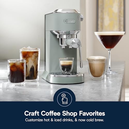 Image of De'Longhi Dedica Duo Cold Brew Espresso Machine with Milk Frother, 15 Bar Pressure, Original Italian Barista Style Coffee Maker, Make Espresso, Latte, Cappuccino & Ice Coffee, Pistachio Green, EC890GR