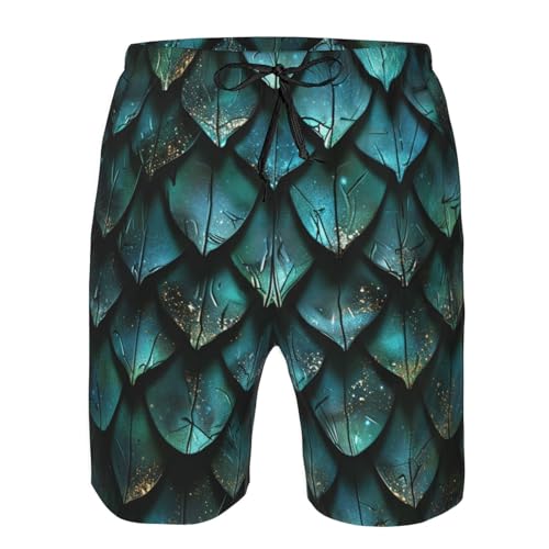 Men's Quick Dry Swim Shorts Dragon Scales Dark Blue Green Fantasy Style Beach Trunks with Pockets3