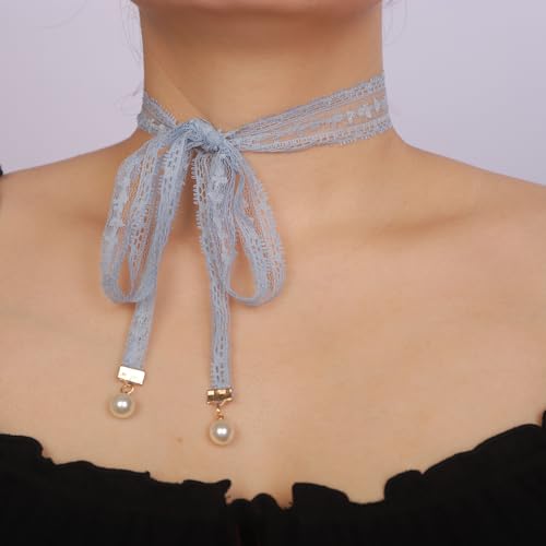 Long Ribbon Vintage 90s Lace Tattoo Choker Necklace Black Lace Collar Choker Gothic Bowknot Long Ribbon Choker Necklace Lace Necklace for Halloween Party Costume (blue)2