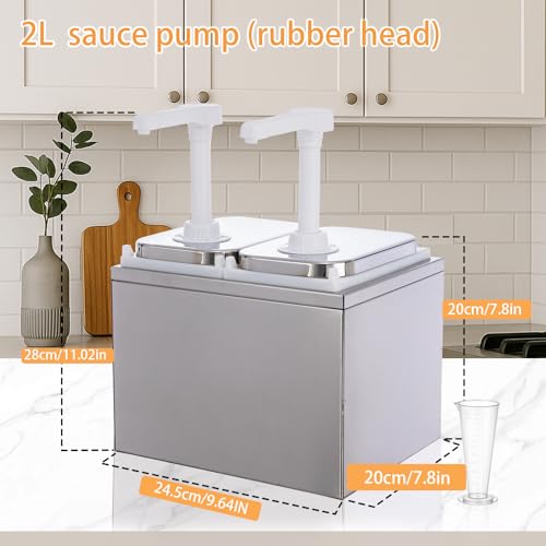 WELKOR 4.23 Quart Condiment Dispenser Pump,Syrup Pump Dispenser with Measuring Cup,Detachable Leak-Proof Design for Sauce, Honey, Syrup,Soy Sauce,Mustard,Cheese (2.11 QT Each, 2 pumphead)