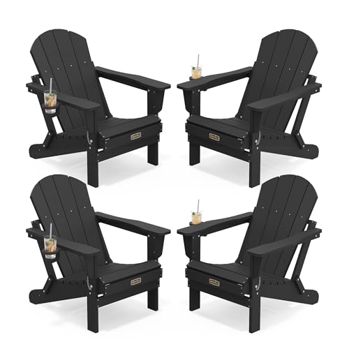 SERWALL Folding Adirondack Chair Set of 4, Weather Resistant HIPS Patio Chairs with Cup Holder for Garden Outdoors Fire Pit - Black