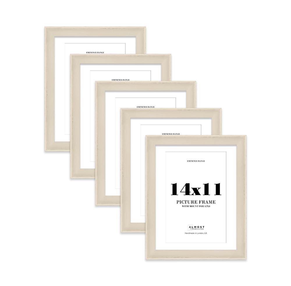 14x11" Cream Picture Frame with 12x8" Mount - Shabby Chic Photo Frame with Distressed Finish, Wall Hooks and Kickstand, 32mm Edge - 5 Pack