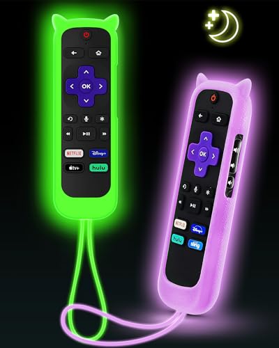 2Pack ONEBOM Cover for Roku Remote with Cat Ears Design Silicone Skin Case Compatible with Hisense/TCL Roku TV Steaming Stick/Express Universal Replacement Controller. Glow in the Dark Green/Purple