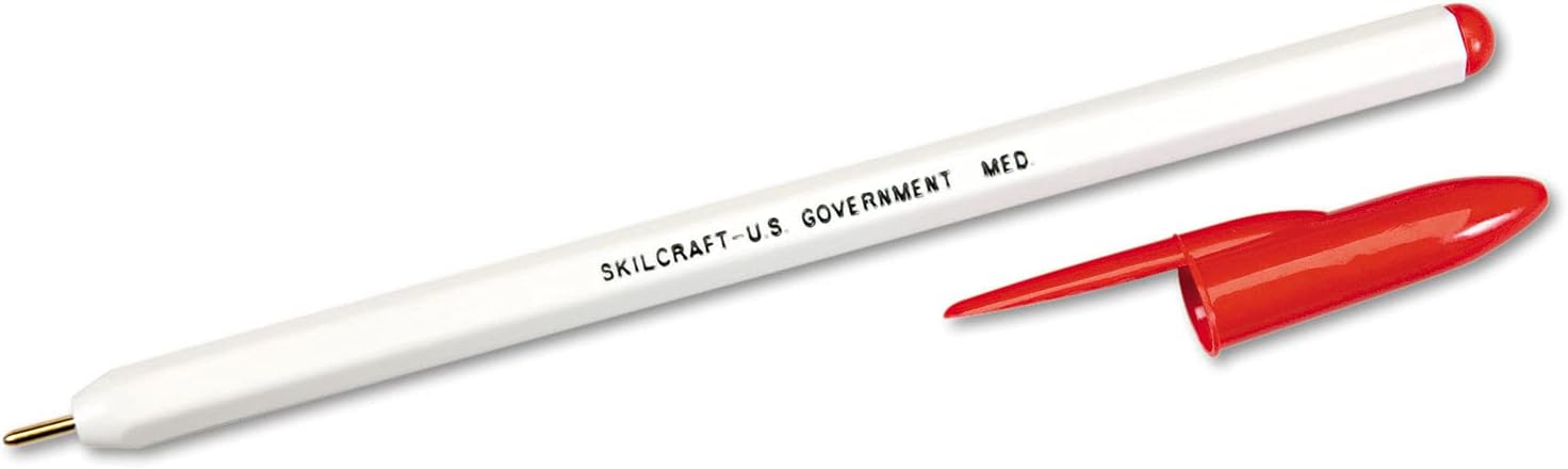 7520010594125 SKILCRAFT Stick Ballpoint Pen, Medium 1mm, Red Ink, White Barrel, Dozen