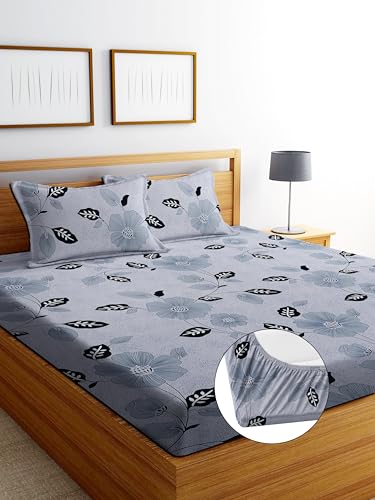 Image of DECORUM Glace Cotton Fitted 1 Bedsheet King Size (72 inchx78 inch) | All Around Elastic | Cotton Feel | 2 Pillow Covers (17 inchx27 inch) | Fits Up to 8 inch Mattress | 200-220 TC | Printed Double Bed Sheet Set