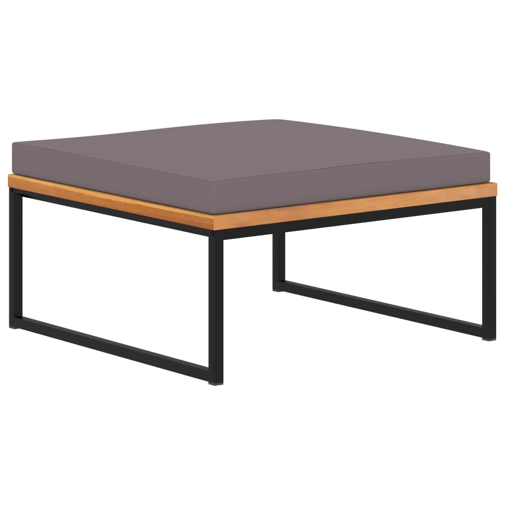 Reposapiés con cojín de 66 x 66 x 36 cm, reposapiés de madera de acacia maciza, reposapiés gris oscuro con estructura de acero pulverizado, reposapiés decorativo como adicional