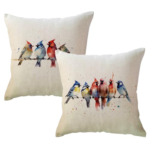 ULOVE LOVE YOURSELF 2Pack Lovely Birds Decorative Pillow Covers Watercolor Birds Rest on Branch Cushion Cover Spring Rustic Farmhouse Decor Throw Pillowcase 18x18 inch for Sofa/Couch/Porch