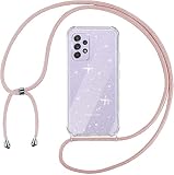 Tikgue Coque pour Samsung Galaxy A52S 5G / A52 5G avec Cordon, Collier Coque Glitter Transparent Paillettes Etui TPU Bumper Silicone Case avec Chaîne Lanière Housse - Or Rose