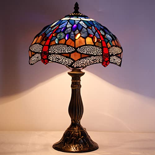 Image of WERFACTORY Tiffany Lamp Blue Red Stained Glass Dragonfly Style Bedside Table Lamp