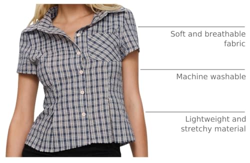 Image of Y2k Girls Vintage Coquette Button Down Shirt Women Short Sleeve V-Neck Slim Fitted T-Shirt Cute Blouse Crop Top