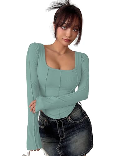 Image of Sugathari Women's Black Solid Long Sleeve Wrap-Style Square Split Crew Neck Bodycon Women T-Shirt Spring and Summer Top, Minimalist and Fashionable for Everyday Casual Wear Tops (T-Shirt 181)