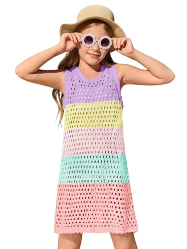 Image of Haloumoning Girls Color Block Crochet Knit Swim Cover up Kids Summer Sleeveless Beach Dress 5-14 Years