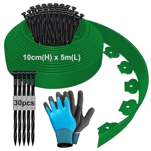 Vallas Borde Jardin Exterior Flexible de 5m x 10cm, Bordura Jardin Exterior, con 30 Uñas y Guantes, Borde de Jardín de Plástico, Valla Jardin, Bordes de Valla de Jardín, Borde de Corte - Verde
