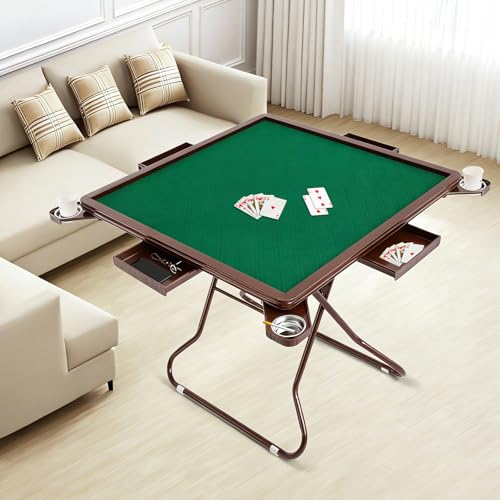 PureLinensliey Foldable Mahjong Table, Mahjong Poker Domino Game Table with 4 Cup Holders & 4 Drawers for 4 People, 34.65 * 34.65 * 28.74in Card Game Tables for Poker Cards, Mahjong, Board Games