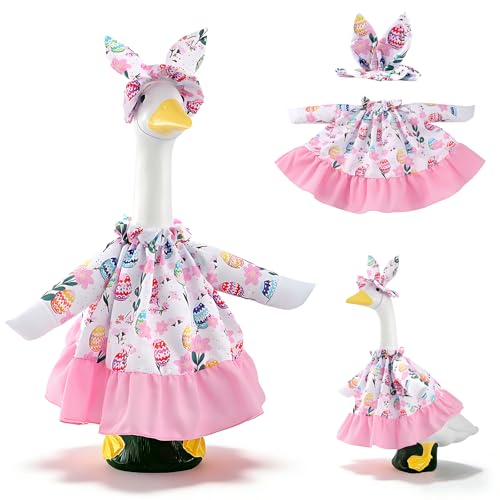 Easter Porch Goose Outfits Clothes for 23" High Goose with Pink Ruffle Skirt & Bunny Ear Headband,Easter Eggs & Floral Print Lawn Garden Goose Outfit Costume Clothing for Spring Easter Decorations