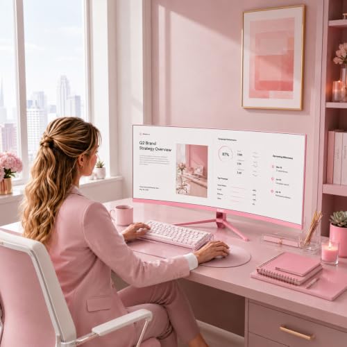Image of 34 Inch Pink Ultrawide Curved Gaming Monitor, 3440x1440 WQHD, 165Hz Refresh Rate, 1500R Curved VA Display, HDR10, FreeSync, 127% sRGB, Dual HDMI & DP