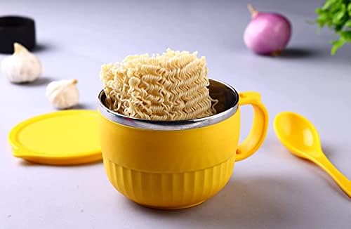 LALEY Ramen Noodles Bowl with Lid Handle Spoon and Fork, Double Walled Soup Bowls for Kids Girls and Boys, Perfect for Breakfast Pasta, Poha, Maggi, Pack of 1, (Matt-Yellow)