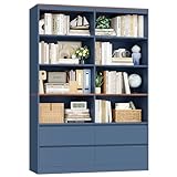 FINETONES 71' Bookshelf with Drawers, 47.3' Double Wide Bookshelves and Bookcases with Storage, Tall Bookshelf Large Open Book Shelf Standing Book Case for Home Office, Blue