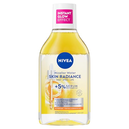 NIVEA Skin Glow Serum Infused Micellar Water (400ml), Revitalising Micellar Cleansing Water with Amino Acid and 5% Vitamin C and E, Gentle Waterproof Makeup Remover