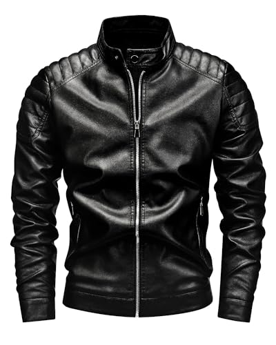 Fairylinks Leather Racer Jacket Men Slim Fit Motorcyle Black
