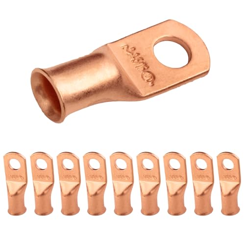 SELTERM 10pcs 1 AWG - 5/16" Stud - Battery Lugs, Heavy Duty Wire Lugs, Ring Terminals, Battery Cable Ends,1 Gauge Terminals, UL Bare Copper Eyelets Electrical Battery Terminal Connectors
