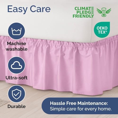 Image of Bed Skirt - Wrap Around Dust Ruffle Bed Frame Cover with Easy Fit Elastic Strap, King Size 18 Inch Drop, Microfiber Pleated, Machine Washable | Light Pink