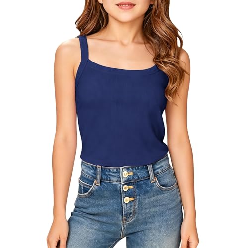 Image of Girls Camisole Tank Tops Summer Sleeveless Vest Top Teen Casual Ribbed Spaghetti Straps Kids Breathable Solid Crop Cami Shirt Girl Thin Color Basic Sports Shirts Plain Tee (Navy, 11-12 Years)