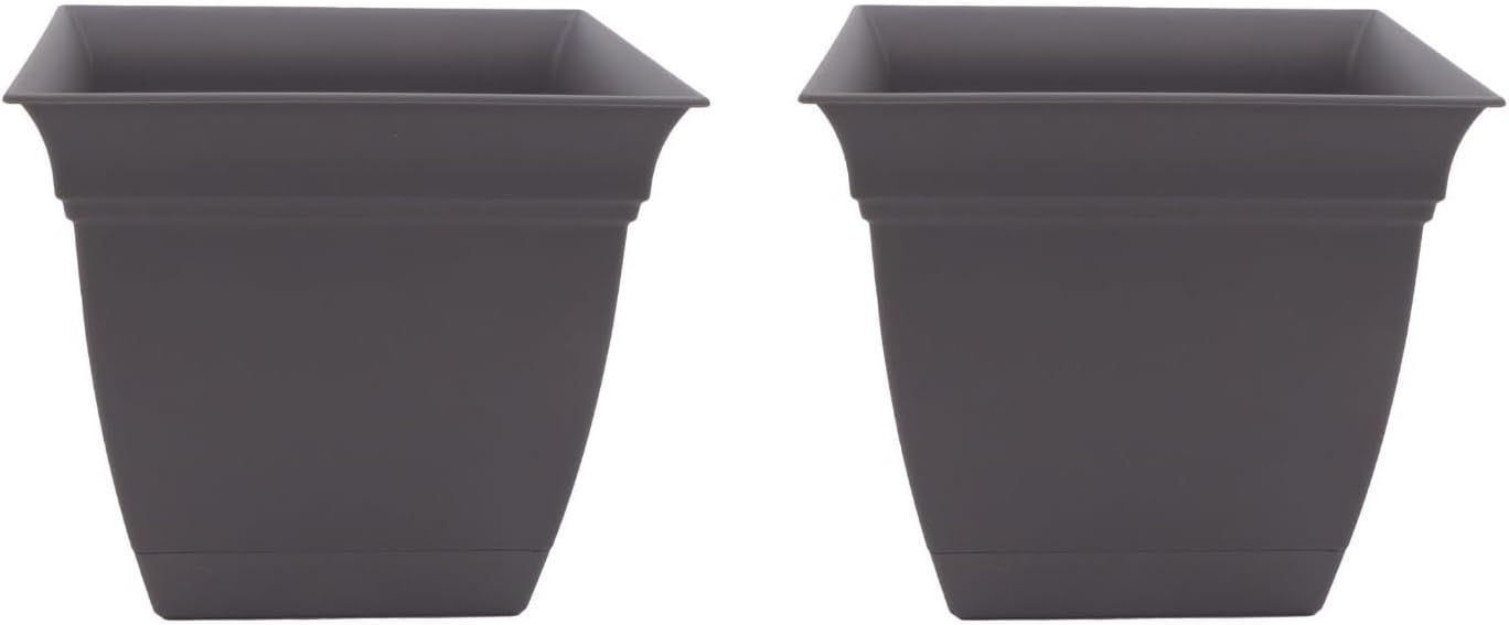 The HC Companies 12 Inch Eclipse Square Planter with Saucer - Indoor Outdoor Plant Pot for Flowers Vegetables Herbs, Warm Gray (Pack of 2) Warm Gray 12" (Pack of 2)