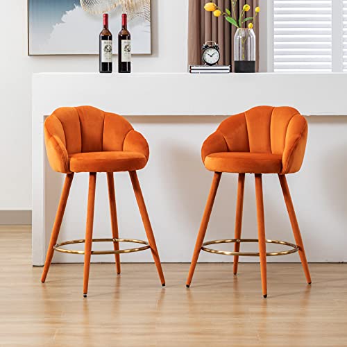 LZAREAL 25.5\'\' Counter Height Barstools Set of 2 Modern Velvet Upholstered Bar Stools with Petal Back & Golden Footrest for Kitchen Island/Breakfast Bar/Restaurant, Orange - Thumbnail 4