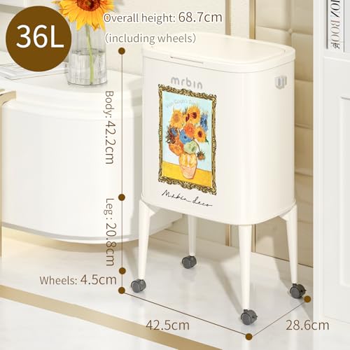 Image of MRBIN Metal Kitchen Trash Can with Wheel Legs, 36L / 9.5gal Medium Press Lid Slim Waste Basket, Pet Proof Tall Narrow Garbage Pail for Vanity, Bedroom, Bathroom, Living Room, Sunflower