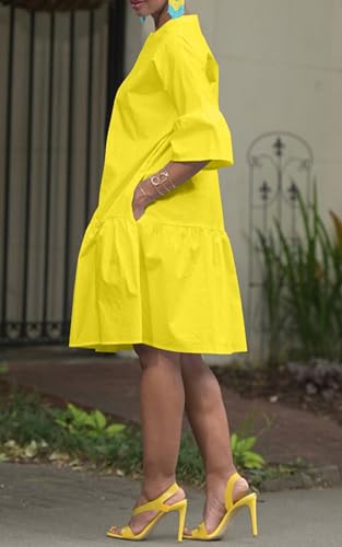 Image of Choichic Button Down Shirt Dresses for Women with Pockets Flare Bell Sleeve A-Line Midi Tunic Dress
