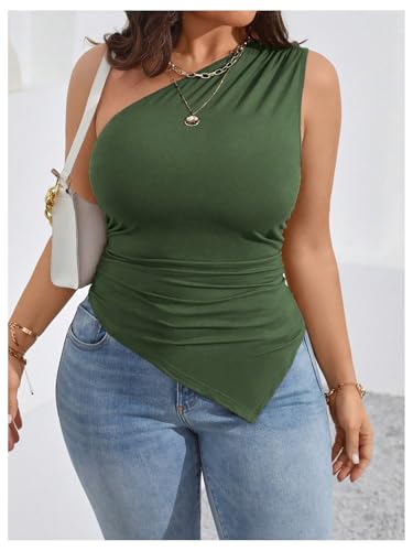 Milumia Women's Plus Size One Shoulder Tank Top Asymmetrical Hem Ruched Going Out Tops4
