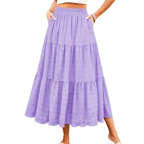 HUSKARY Women's Summer Casual Elegant Smock Layered Tiered Maxi Skirt High Waisted A Line Flowy Long Skirts with Pockets X-Small Beige