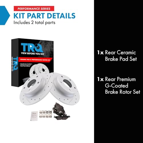 Image of TRQ Performance Rear Brake Pad and Rotor Set Ceramic Coated Drilled Slotted Rotors Compatible with 2020-2022 Nissan Sentra